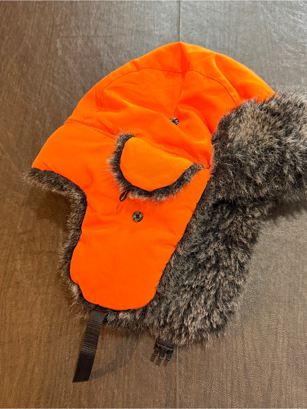 Adult Orange Faux-Fur Lined Trapper Hat with Chin Strap